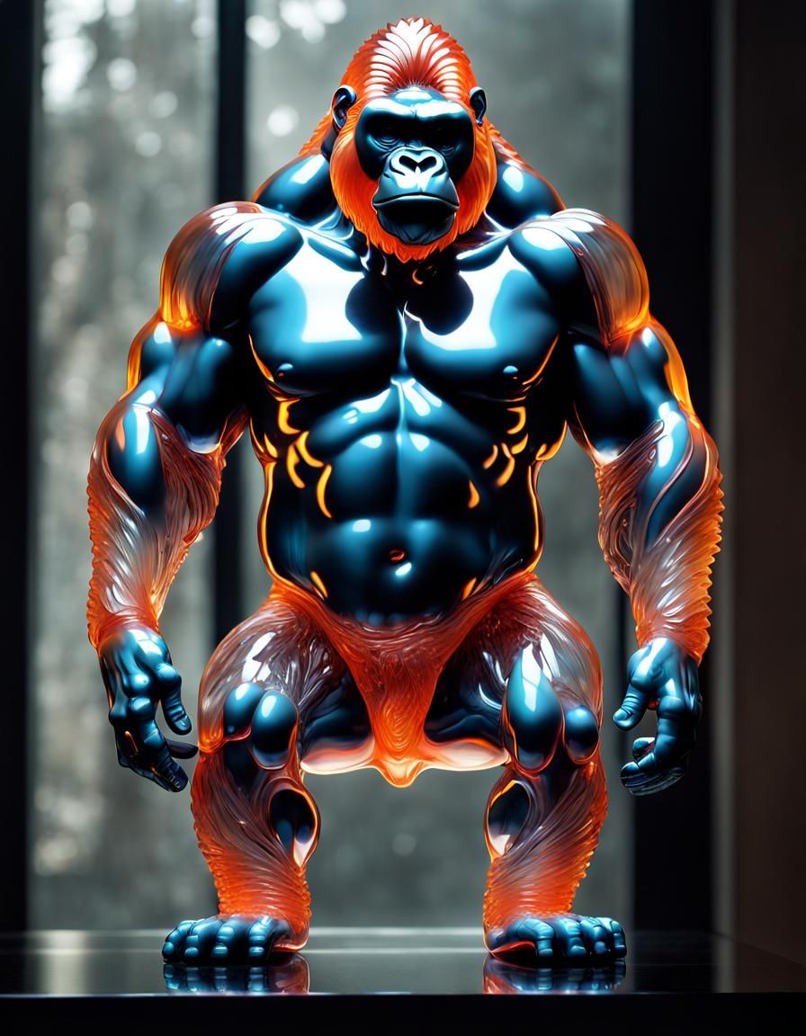 Translucent Glass Gorilla Sculpture, Intricate Details
