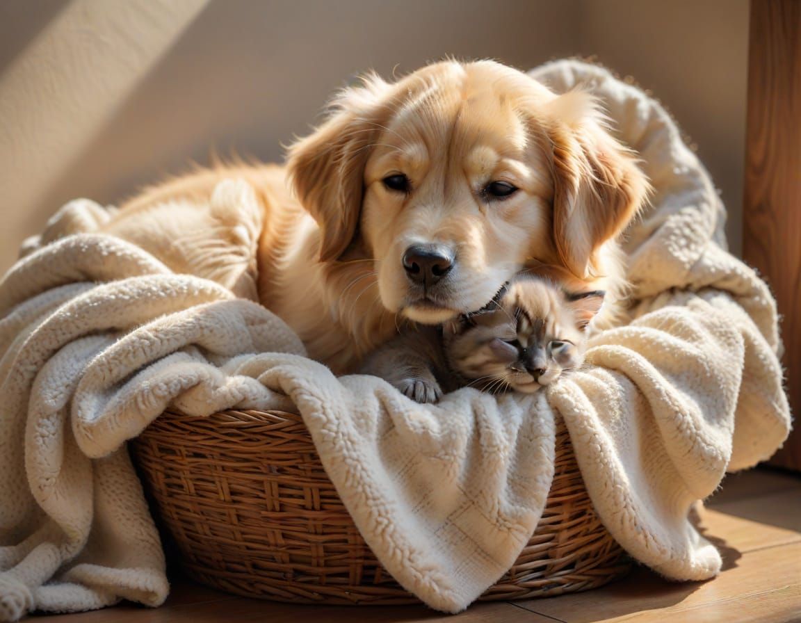 Golden Retriever Naps With Siamese Kitten in Sunlit Basket