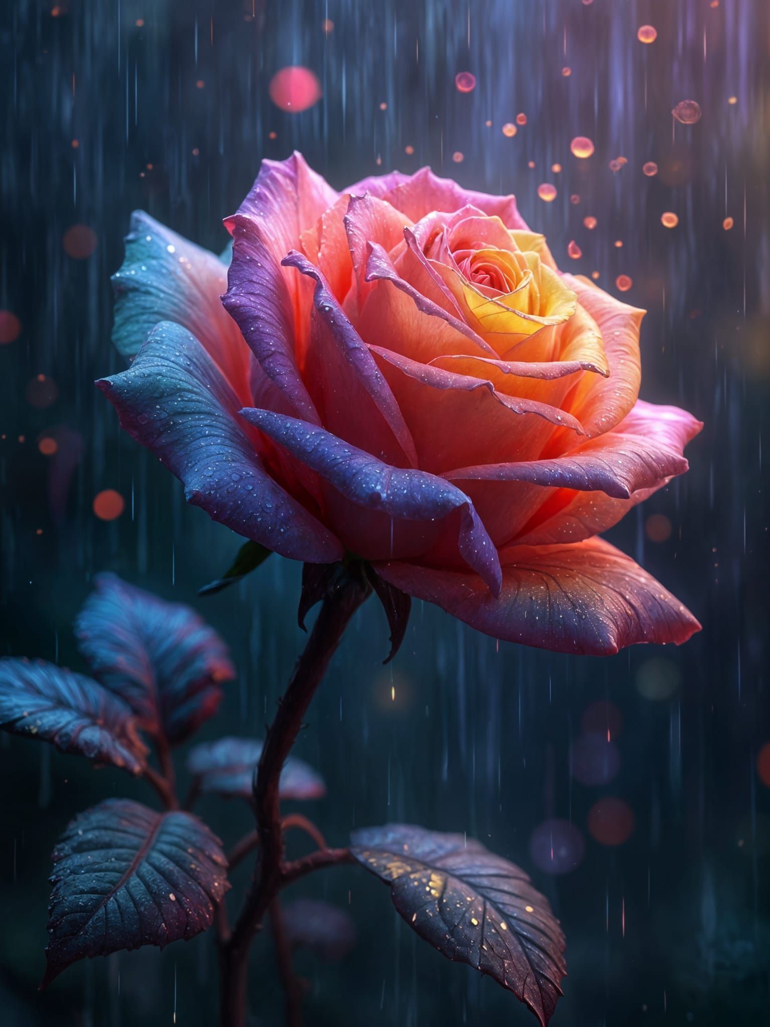 Vibrant Rainbow Rose Illuminated by Fireflies in a Dark Fant...