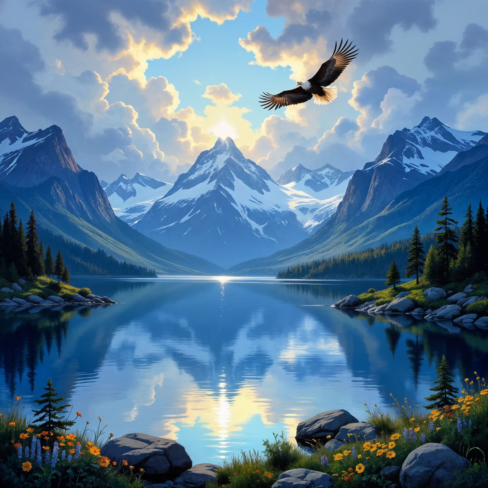 Majestic Mountain Lake Landscape with Soaring Eagle