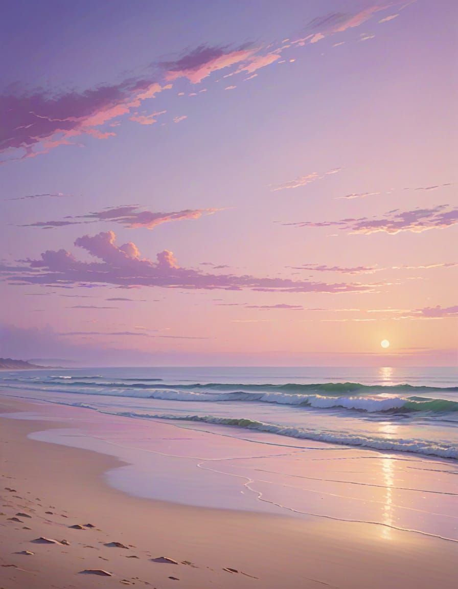 Serene Sunrise Beach Landscape in Impressionist Style