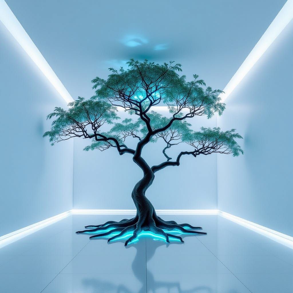 Ancient Glowing Tree in Minimalist White Room
