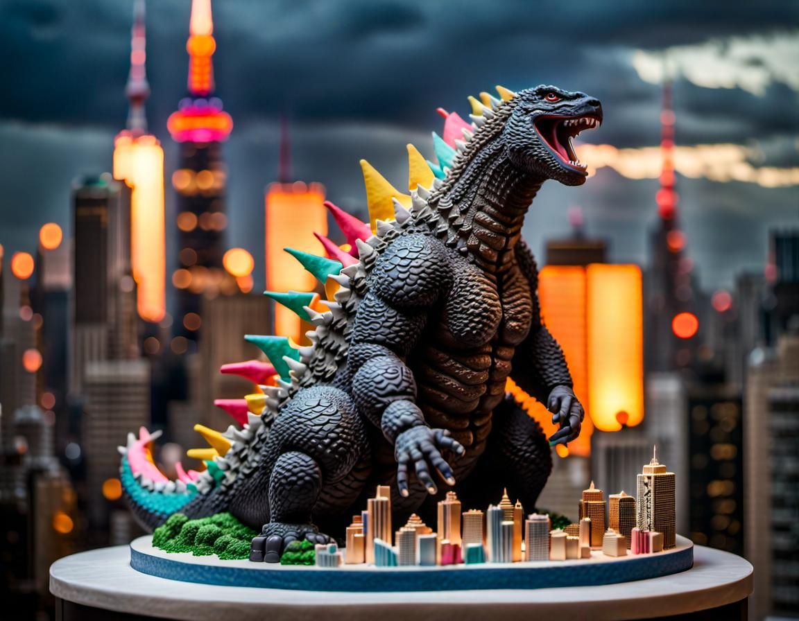 Godzilla Cake Sculpture with Tokyo Cityscape