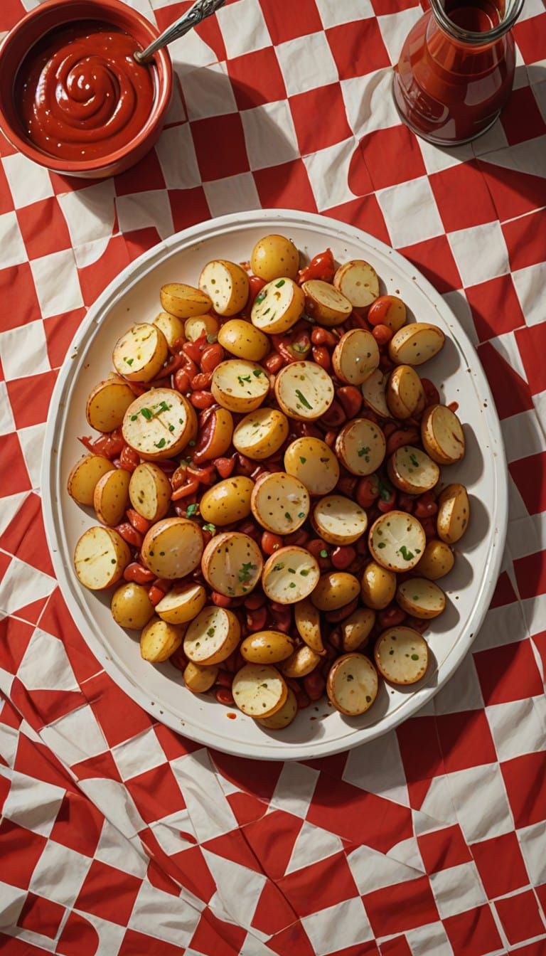 Crispy Fried Potatoes Engage in Playful Tablecloth Battle