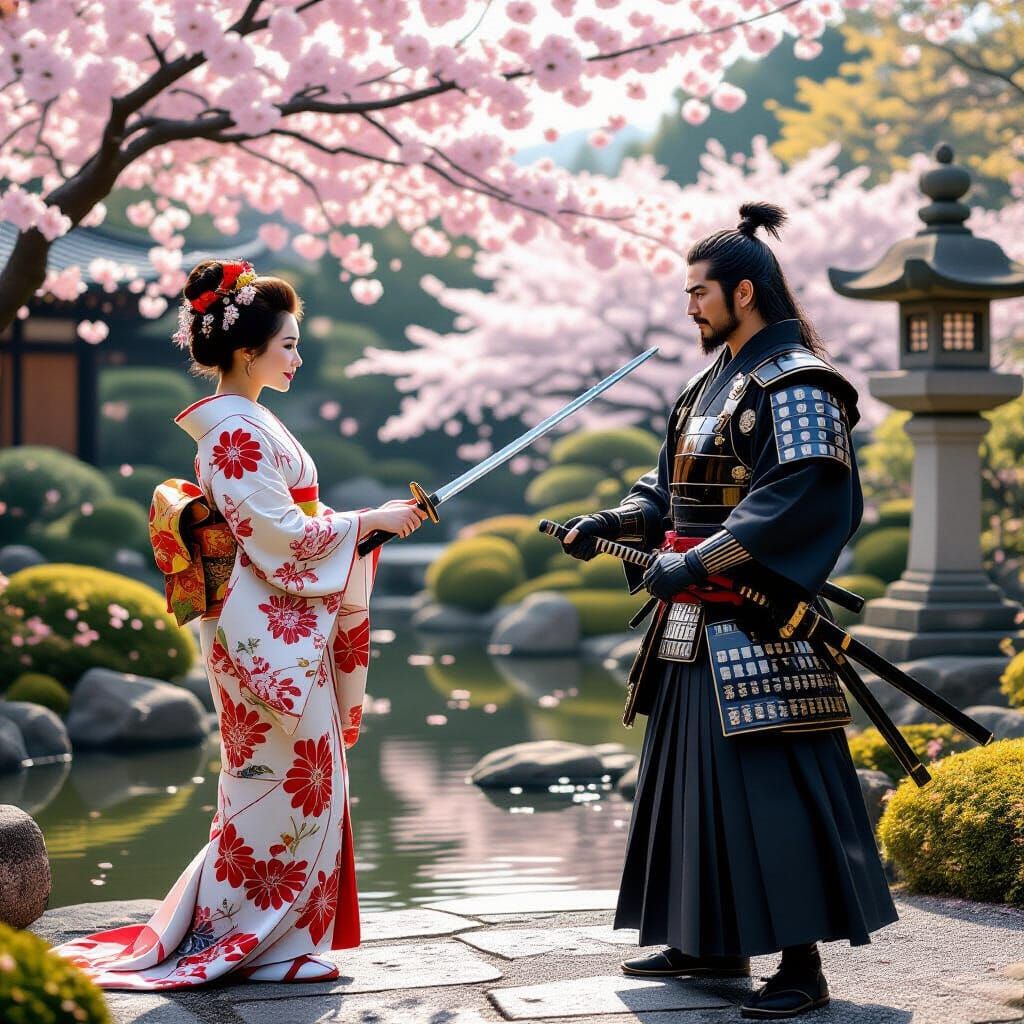 Japanese Woman Gives Katana to Samurai in Garden