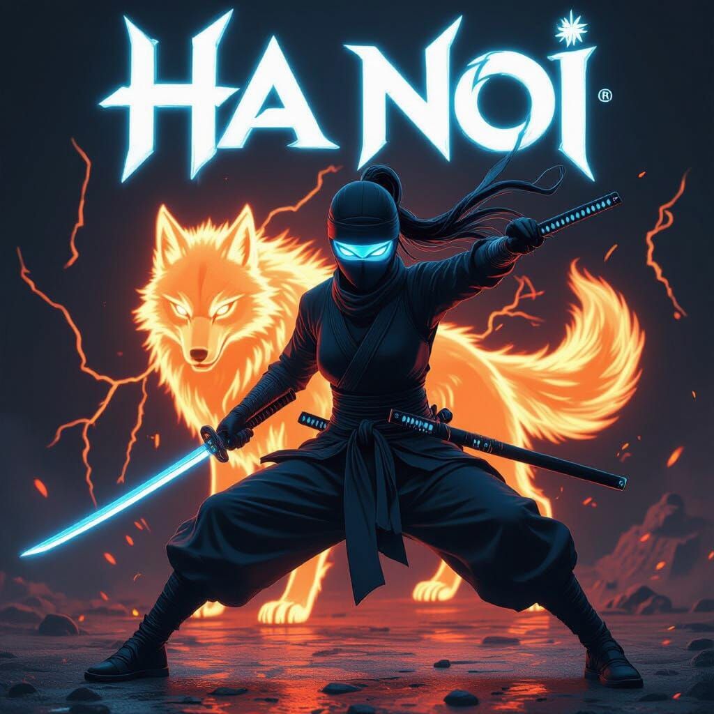 Ninja with Glowing Katanas and Fiery Wolf Spirit