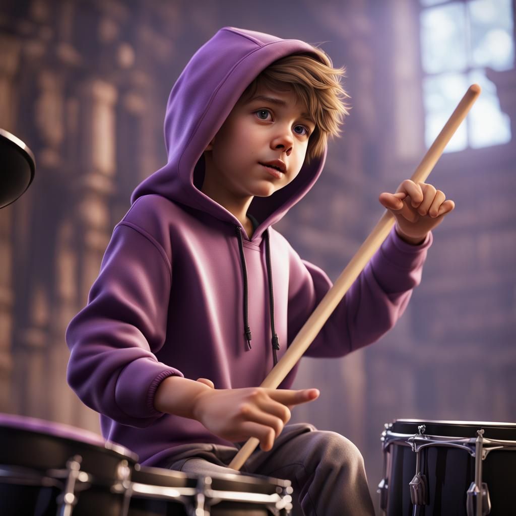 Boy in Hoodie Playing Drums: Detailed Matte Painting