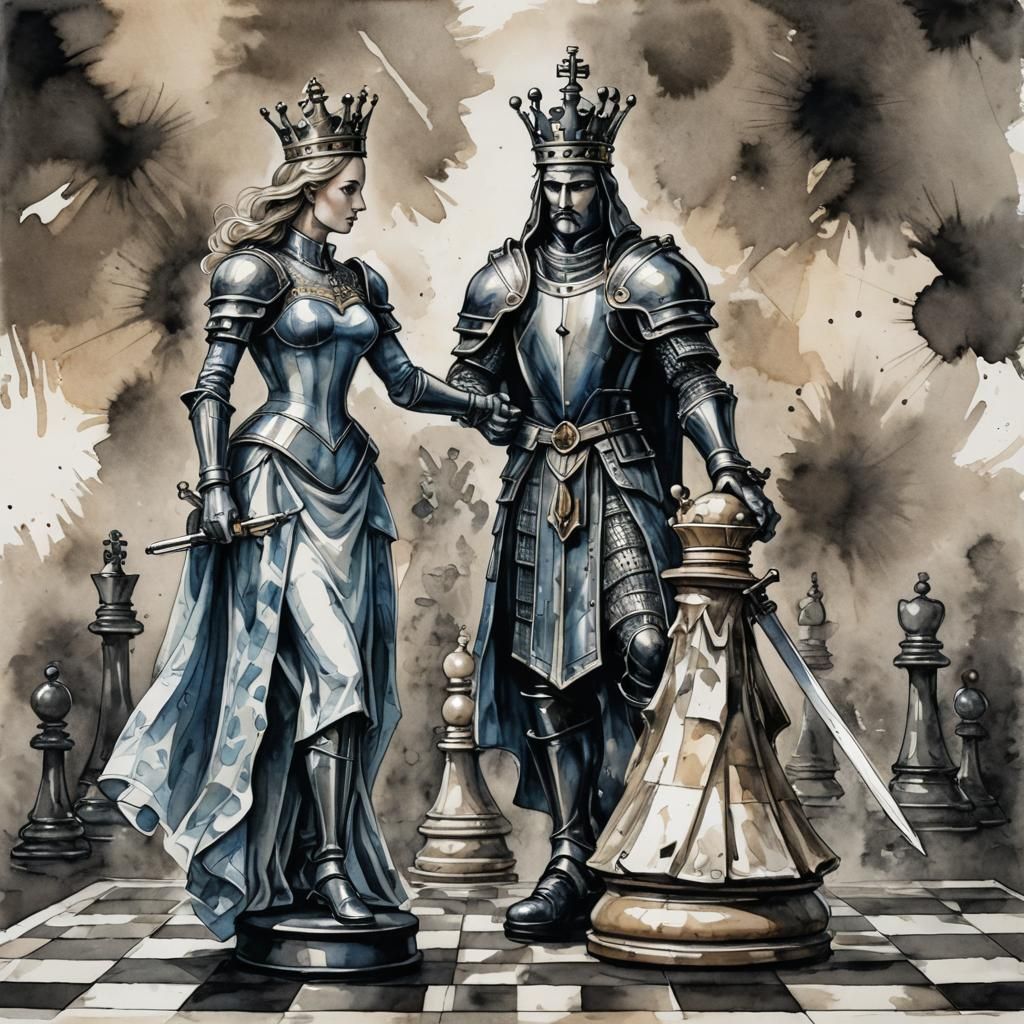 Chess King and Queen Battle: Watercolor Spirit