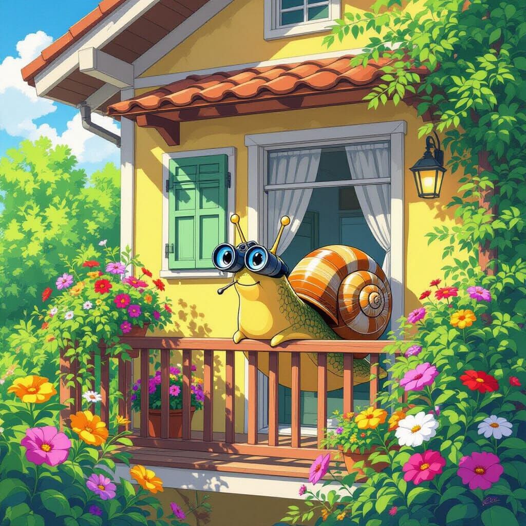 Curious Snail in Anime Garden Scene