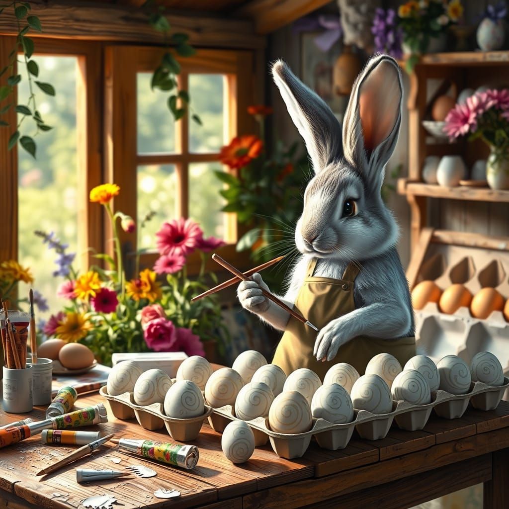Surreal Bunny Paints Eggs in a Cozy Garden Shed