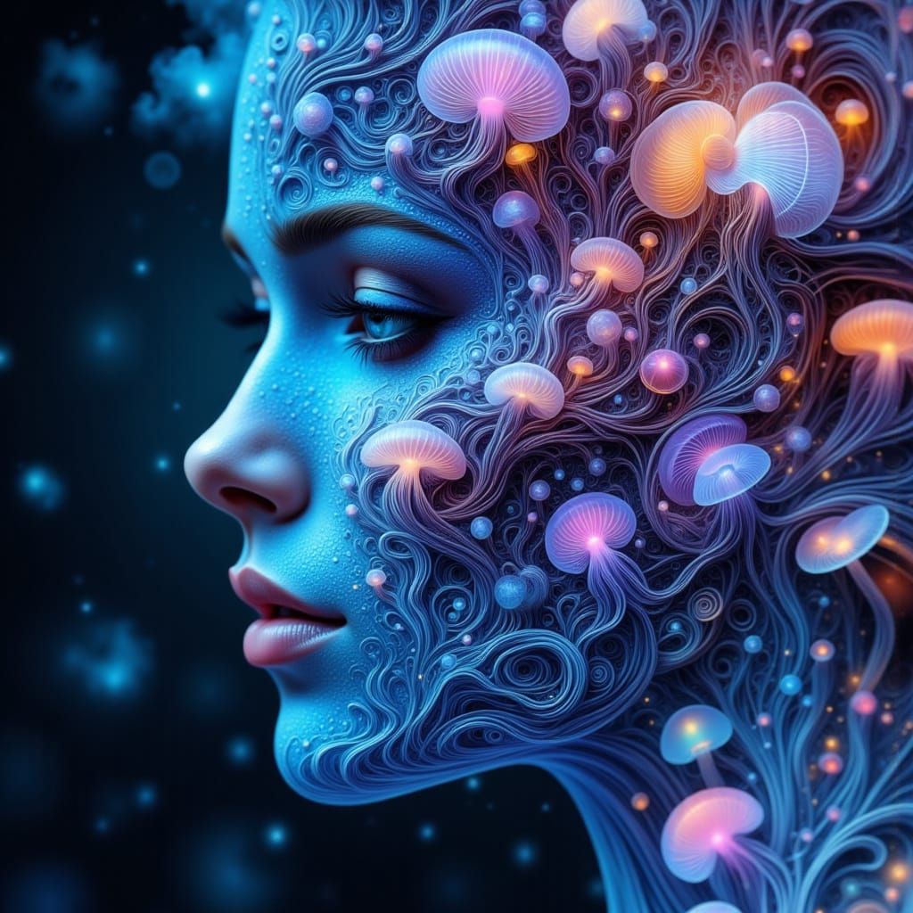 A woman's face is intricately decorated with bioluminescent ...