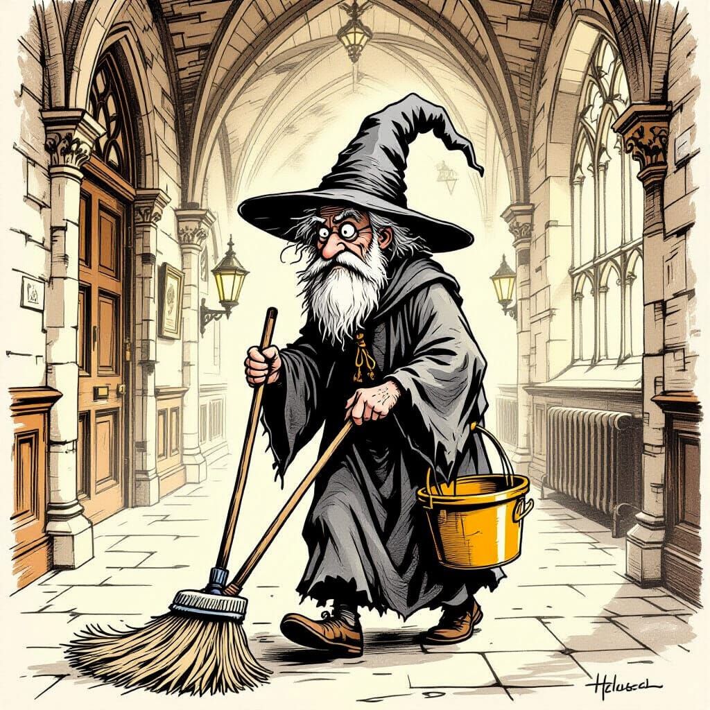 Whimsical Janitor Wizard in Sepia Pencil Sketch Style