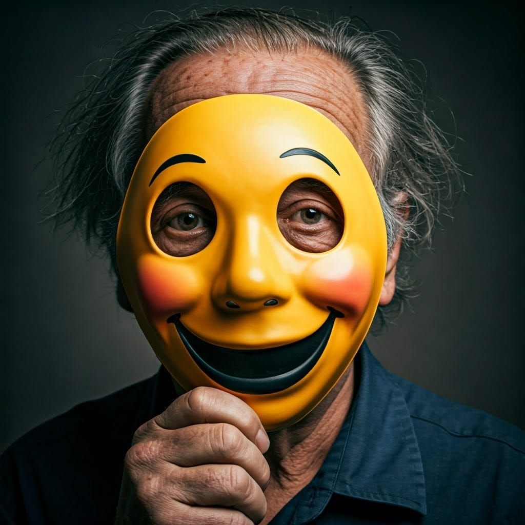 Worried Man Hidden Behind Smiley Mask