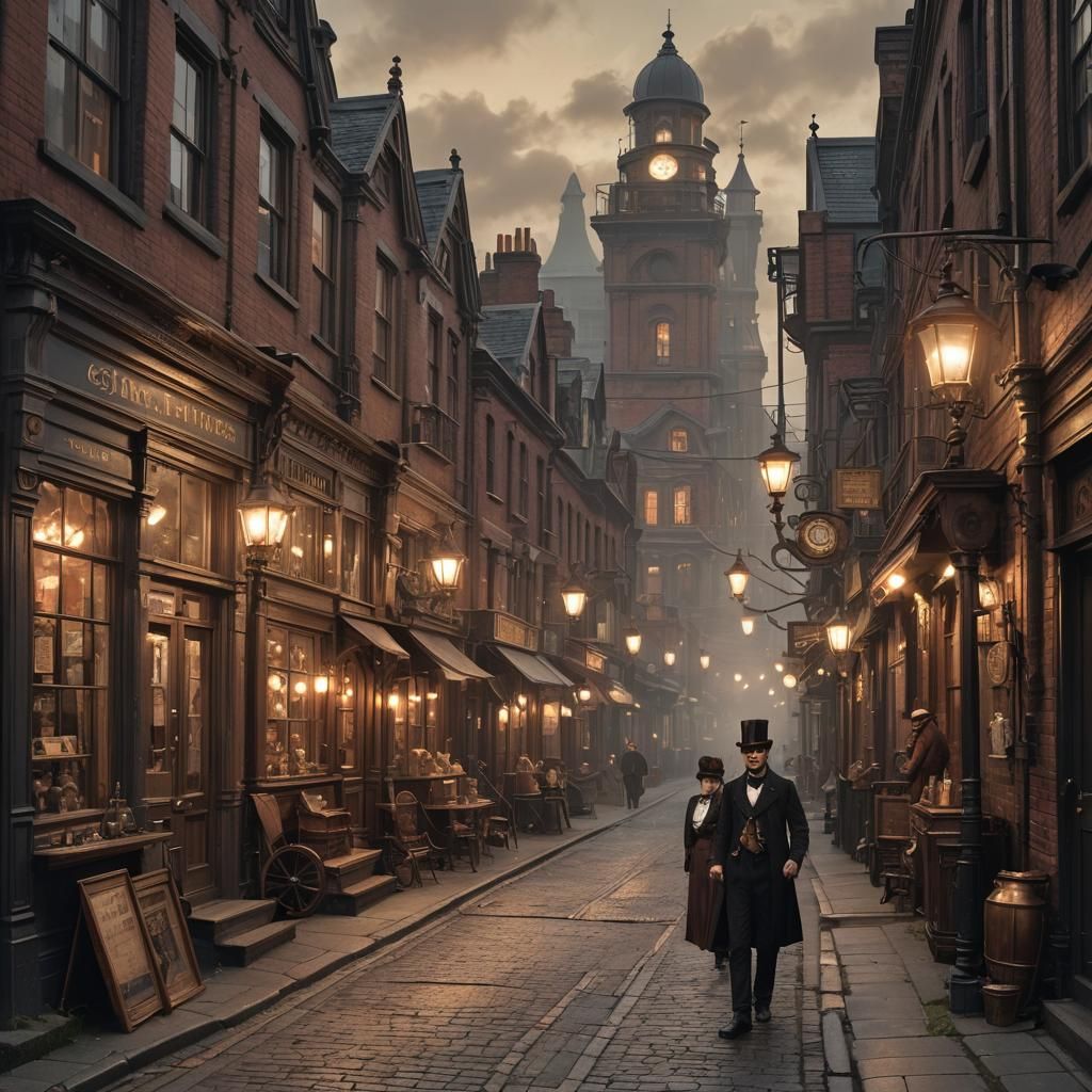 Steampunk Victorian Street Scene at Twilight