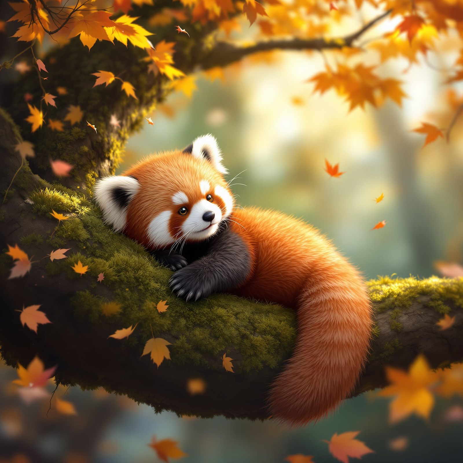 Red Panda in Autumn Forest: Whimsical Fantasy Art