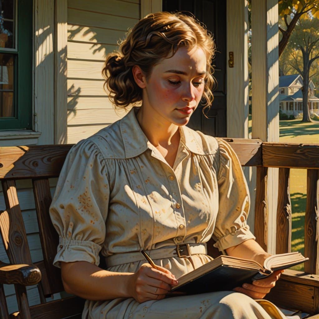 Girl Reading on Porch Swing in Rockwell Style