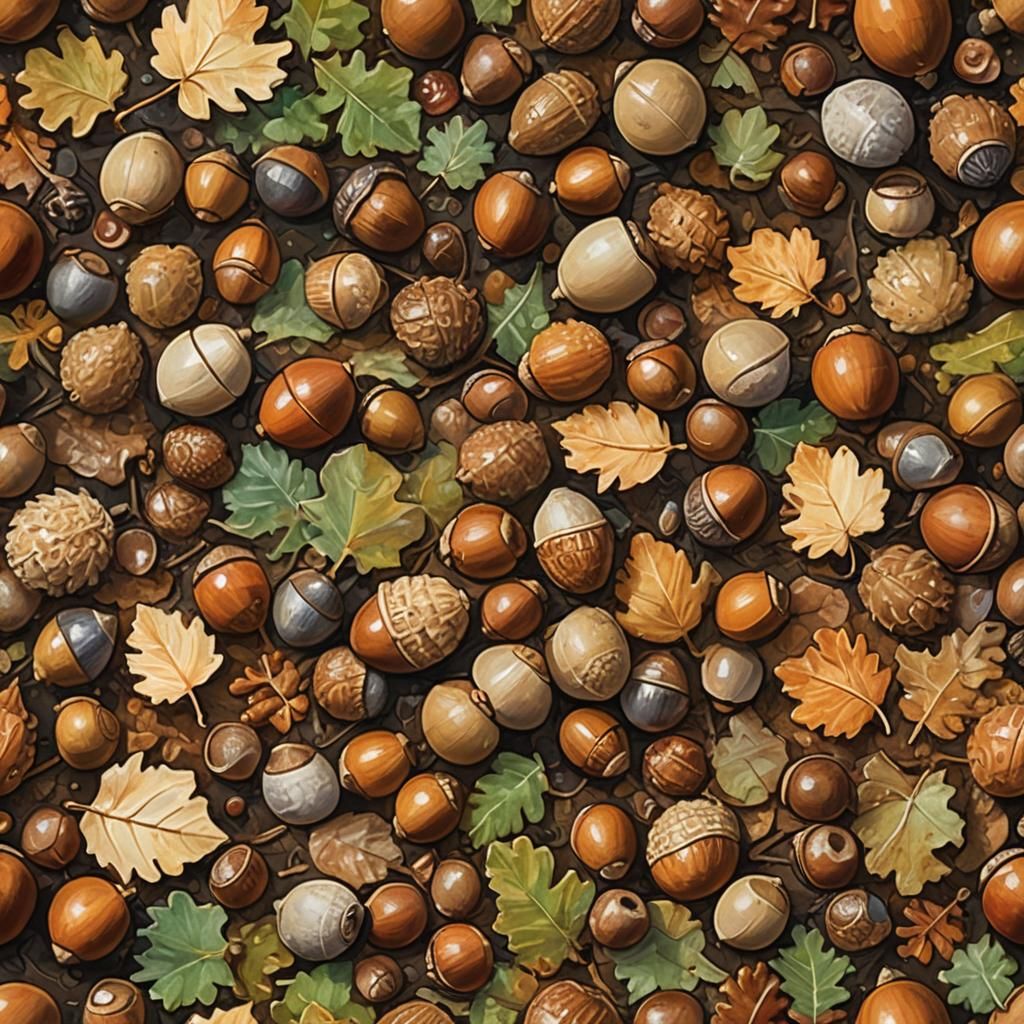 Impressionist Acorns on Forest Floor in Golden Light