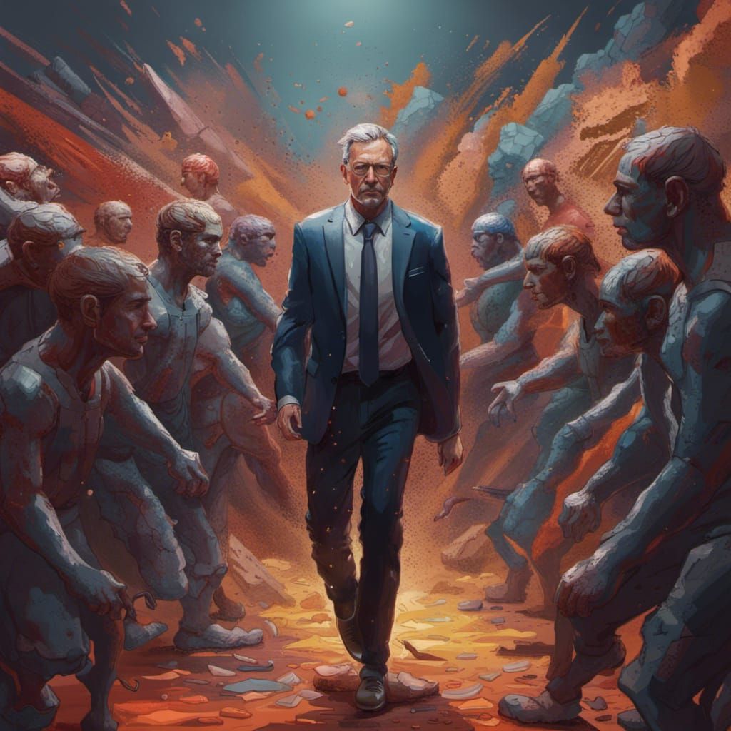 Hyperrealistic Leader Walking Before Broken Men