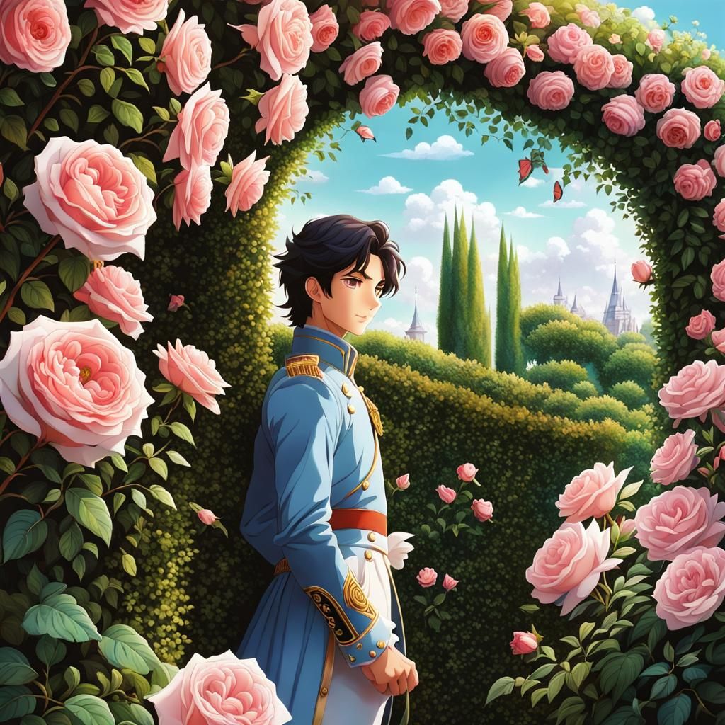 Anime Boy Prince Hidden in Rose Garden