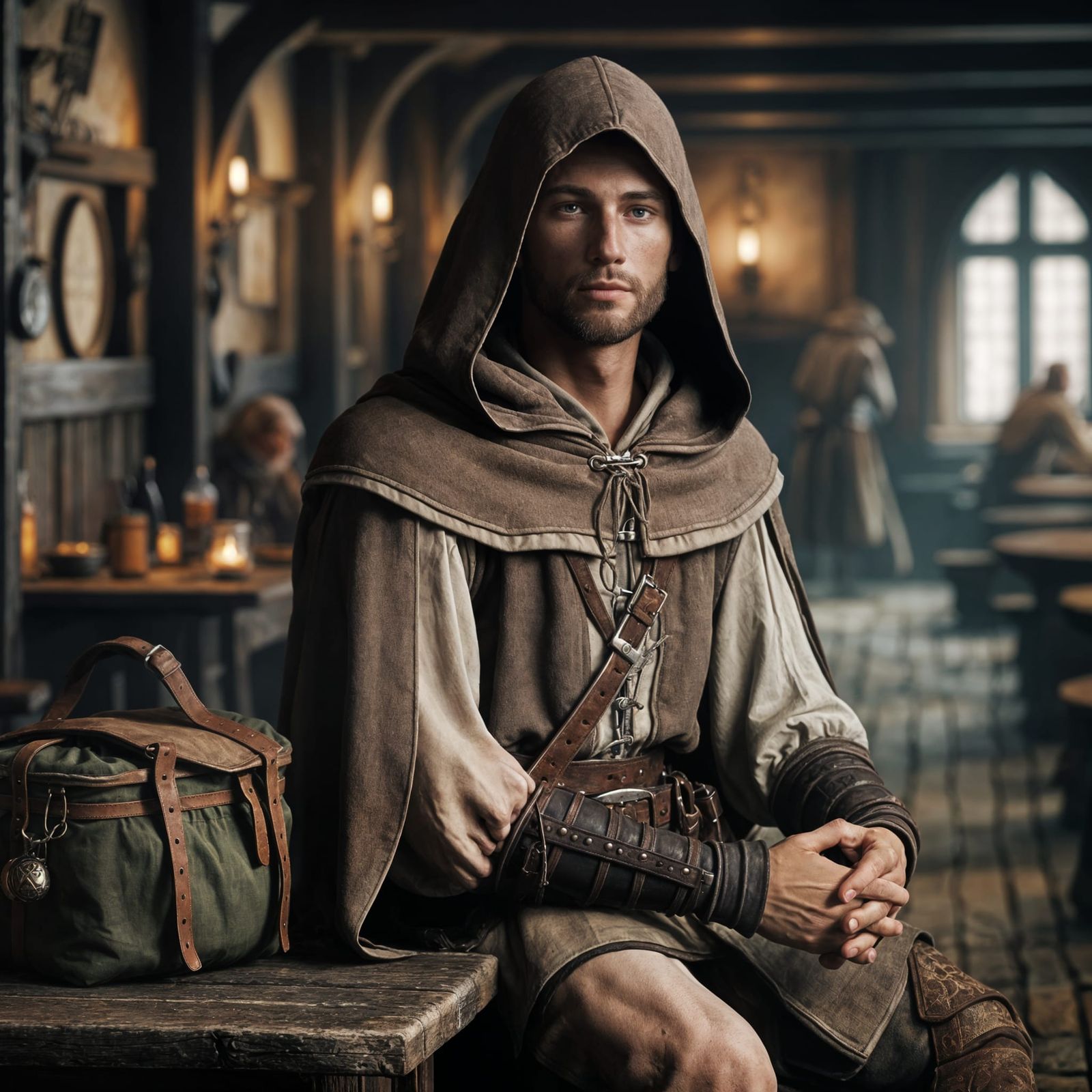 Fantasy Monk Cleric Contemplation in Rustic Tavern