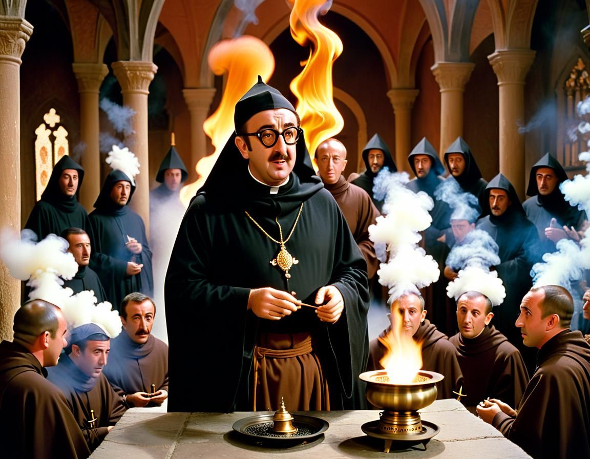 A real PRO... a disguised Inspector Clouseau demonstrating to a group of sinister monks the key to lighting incense the ...