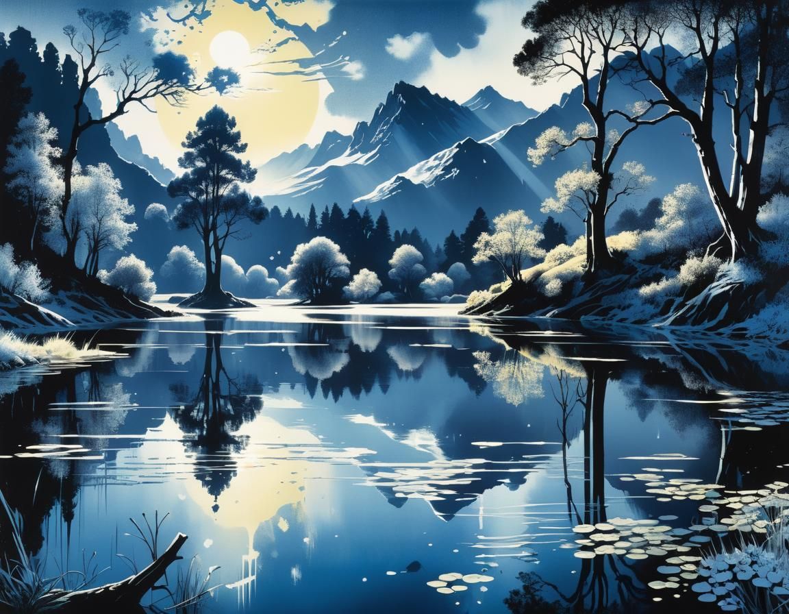 Lake Landscape in Blue Ink Drawing Style
