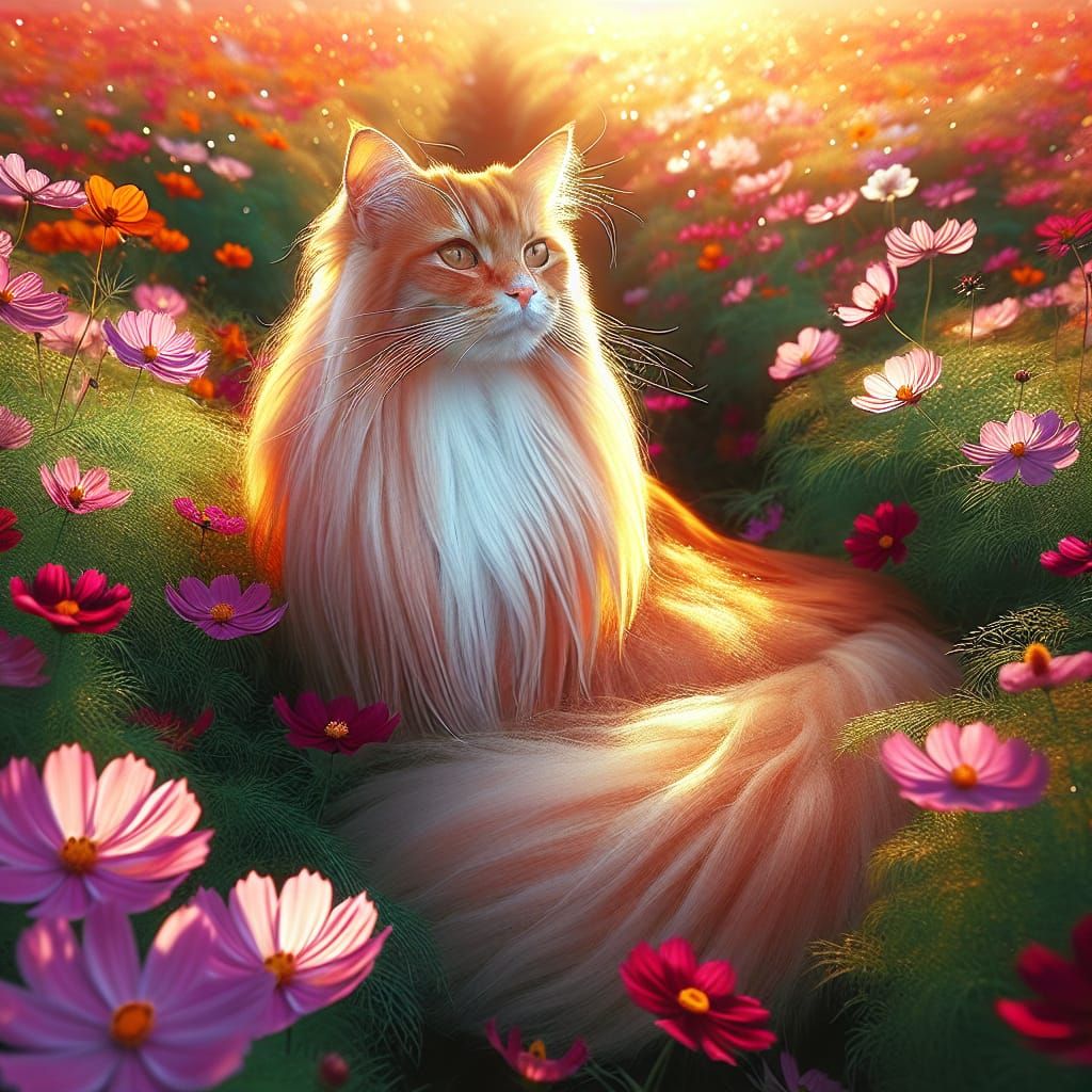 Majestic Orange Cat in Cosmos Flower Field