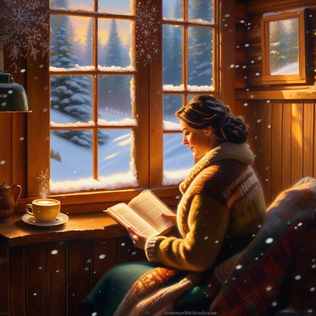 Cozy Cabin Scene: Impressionist Woman Reading