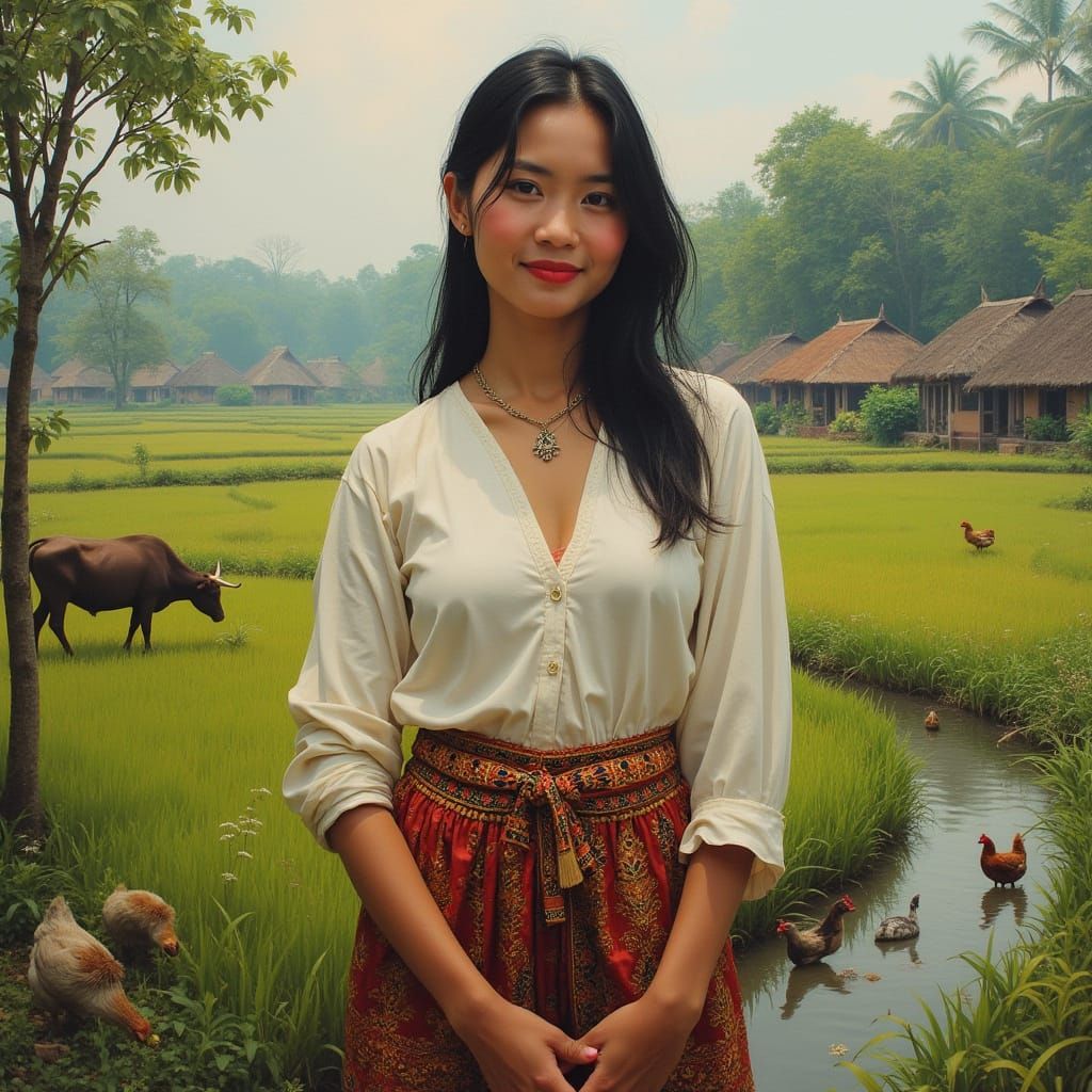 Indonesian Woman in Traditional Village Scene