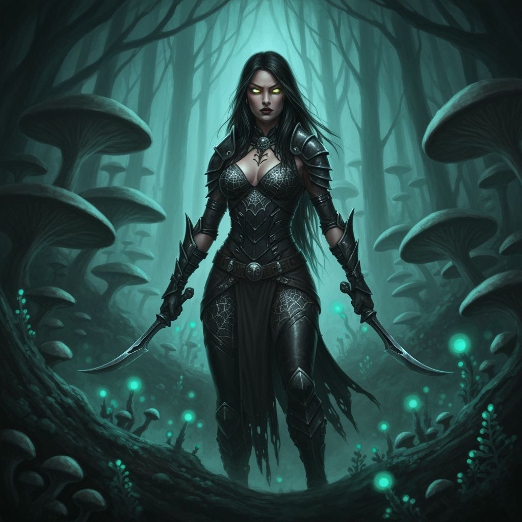 Drow Huntress in Bioluminescent Forest, Gothic Horror Style