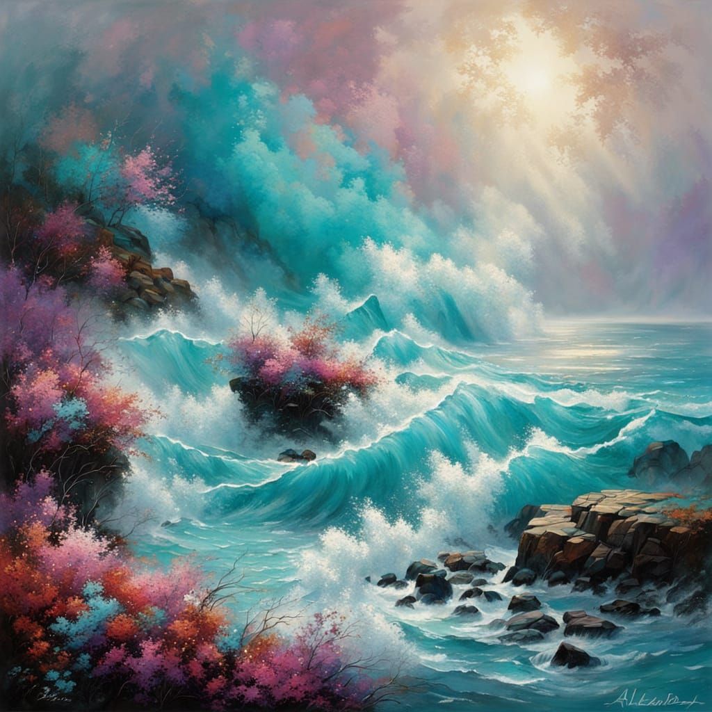 Abstract Turquoise Landscape with Gold Splash