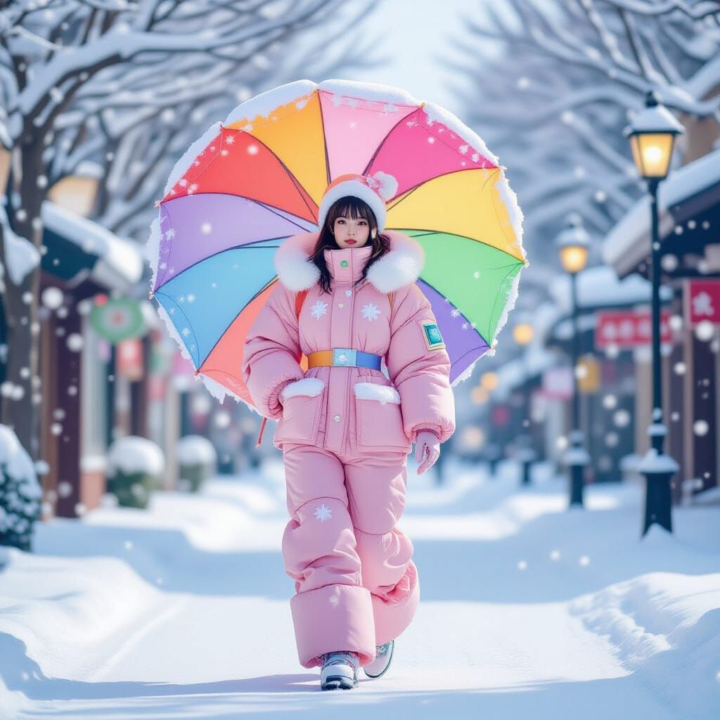 Vibrant Puffer Ballonsuit on Snowy Street in Playful Style