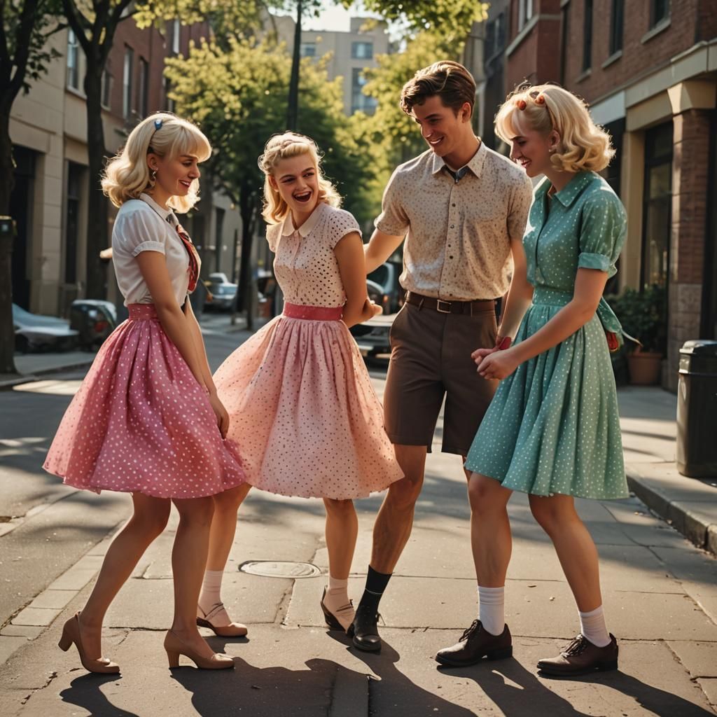 Playful Crossdressing Scene on Sidewalk in Cinematic Style