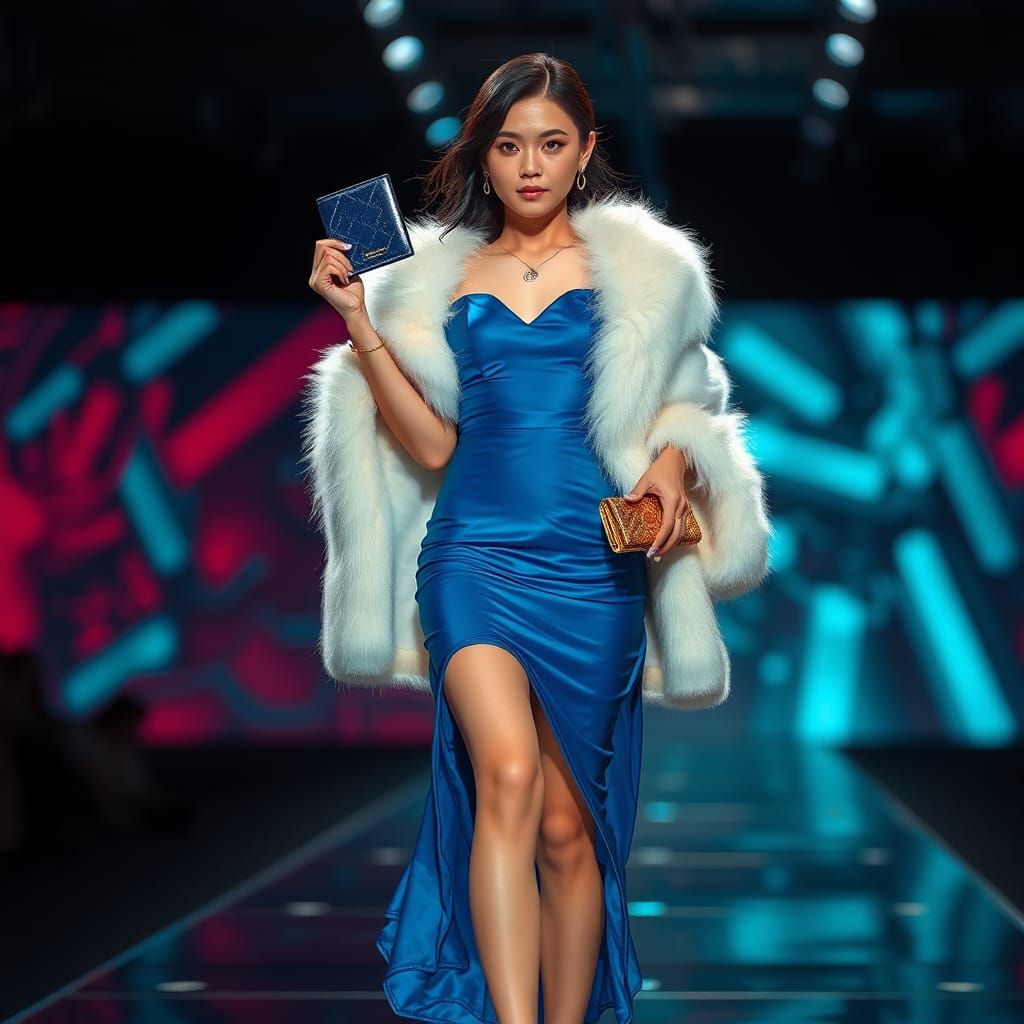 Asian Model in Blue Dress on Catwalk