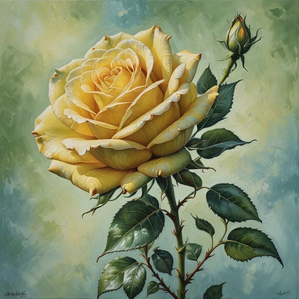 Golden Yellow Rose Oil Painting in Bloom