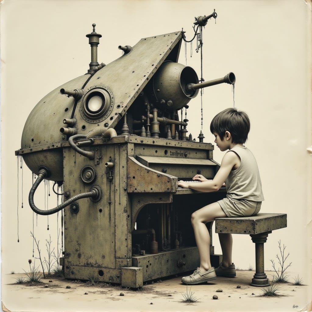 Dreamlike Robot Piano Scene in High-Contrast 2D Sketch Style