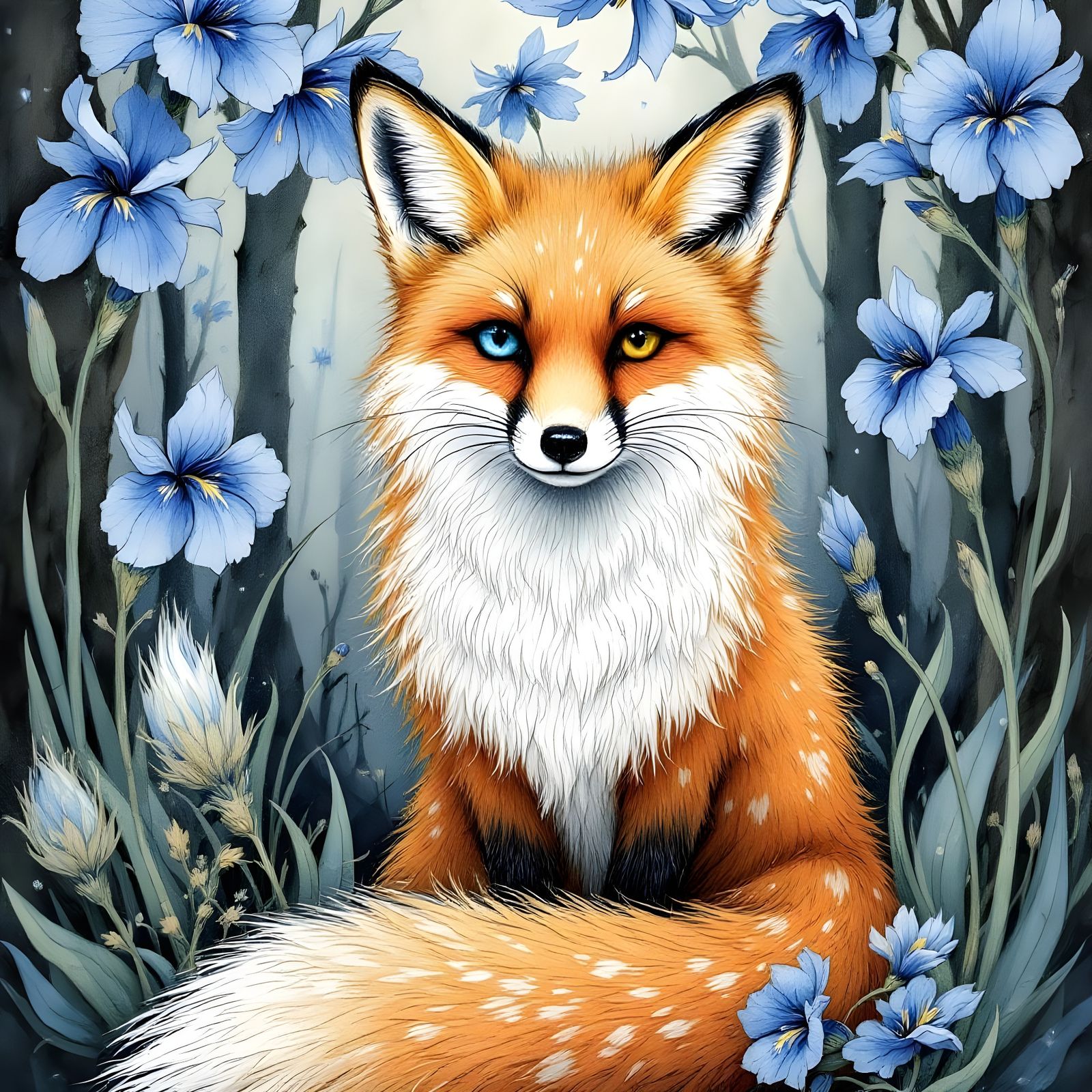 Fox with Heterochromia Under Iris Flowers