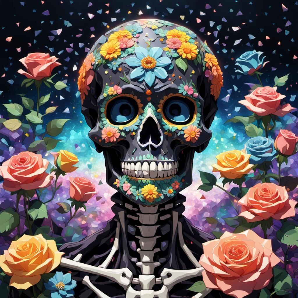 Sugar Skull Skeleton Portrait with Roses, Impasto Illustrati...