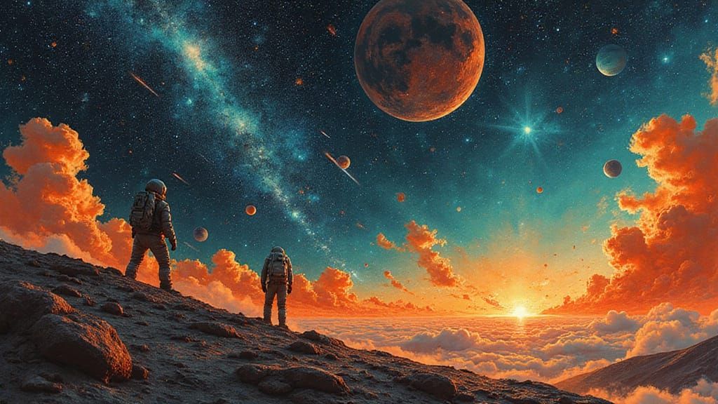 Astronaut Gazes at Cosmic Sky on Alien World