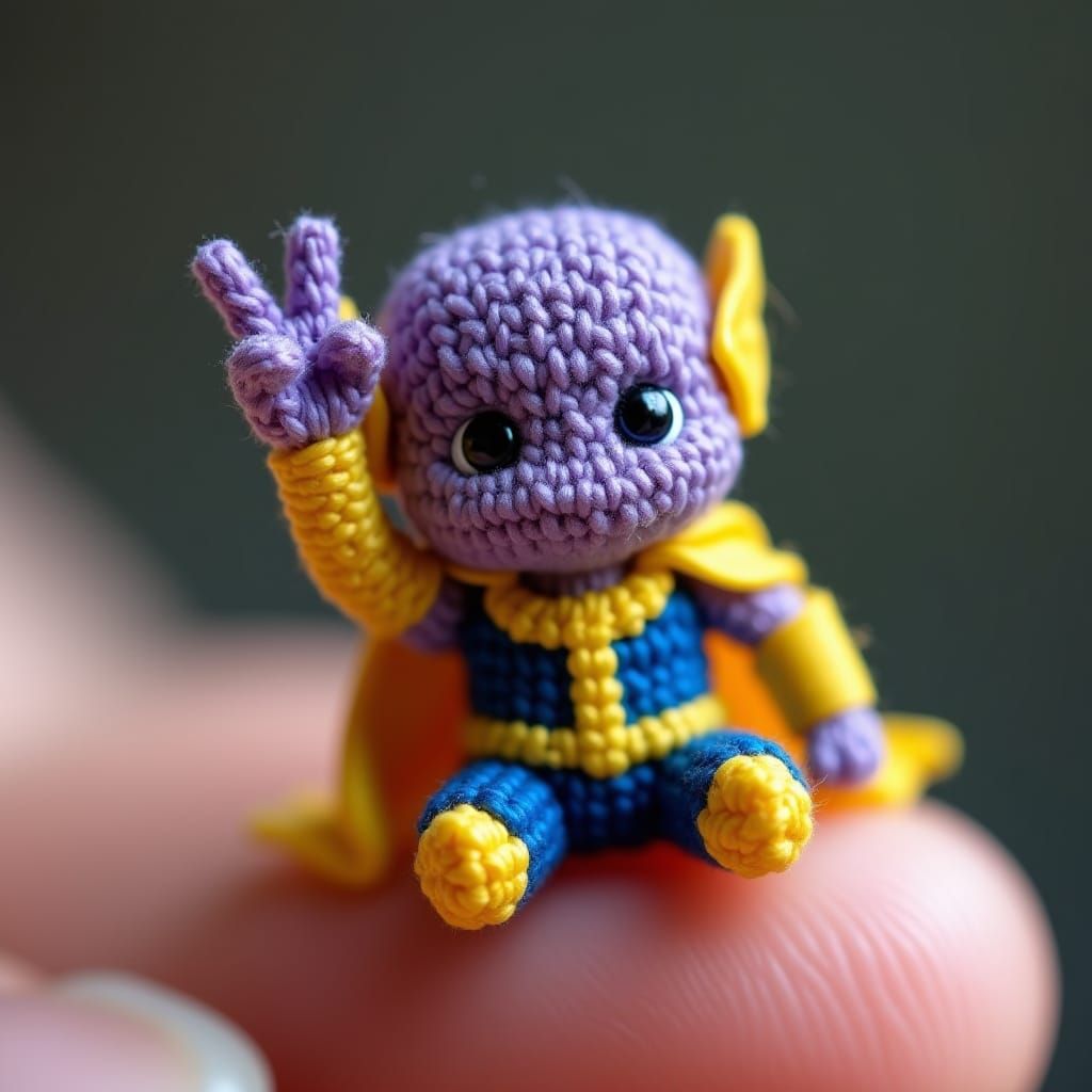 Macro Shot: Woven Thanos Toy Making Peace Sign