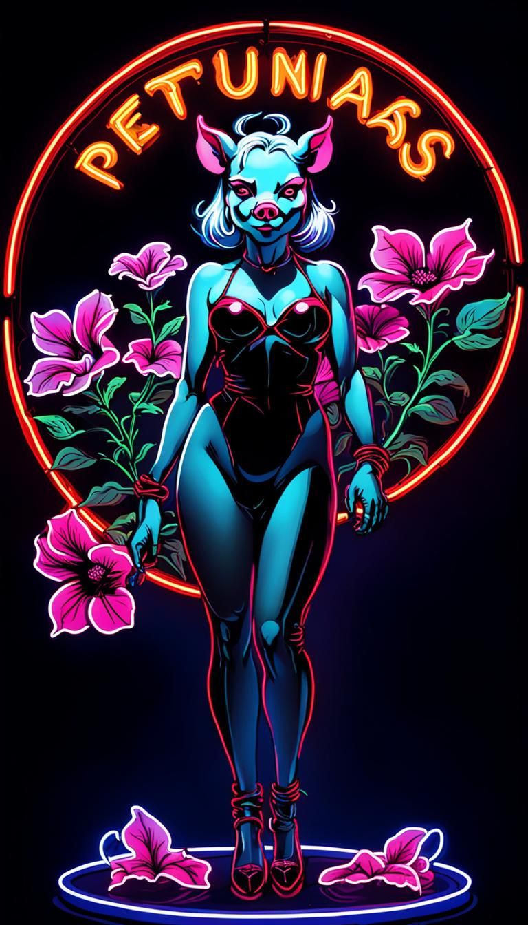 Neon Sign Featuring Demoness Pig-Woman Reads Petunias
