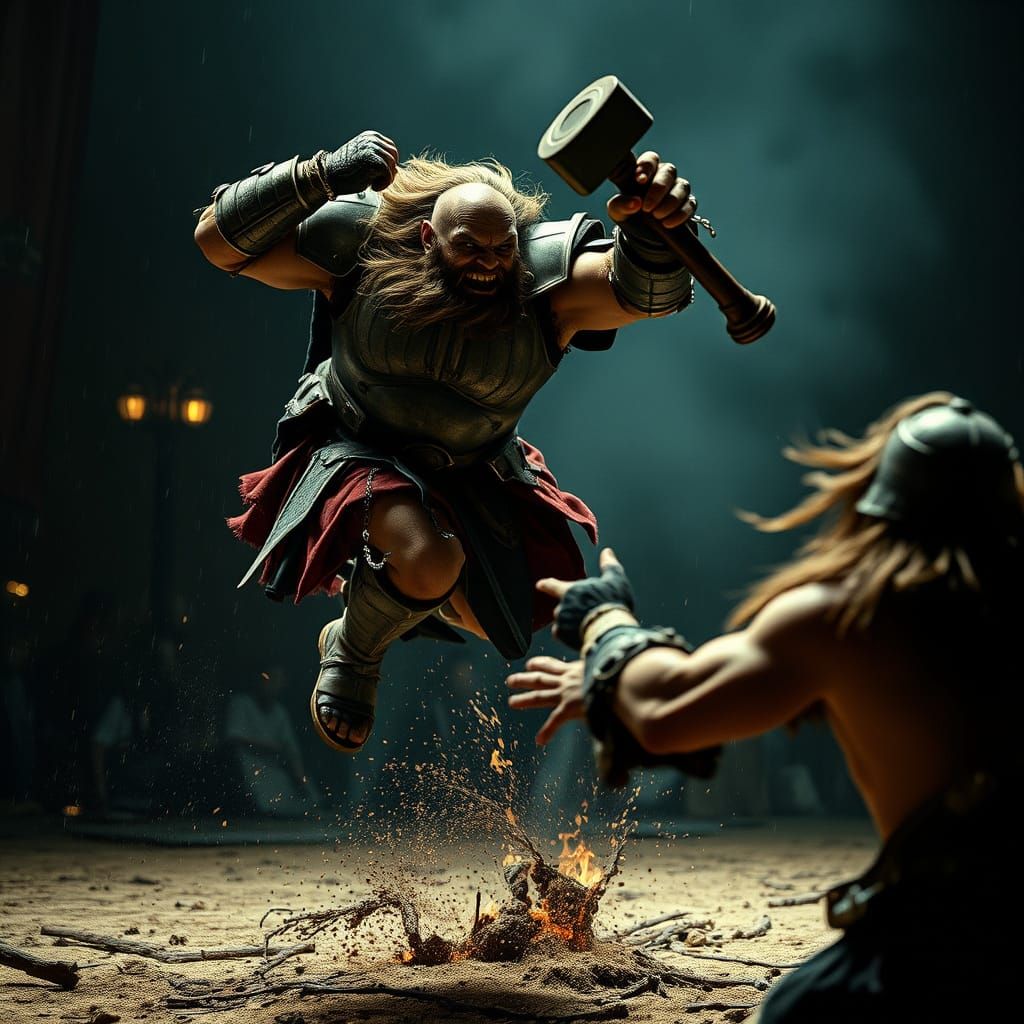 Medieval Warrior Leaps to Strike: A Cinematic Film Still