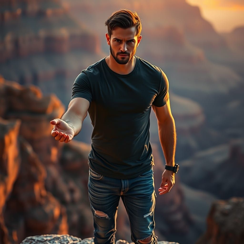 Rugged Hero Stands at Grand Canyon's Edge, Offering Ring in ...