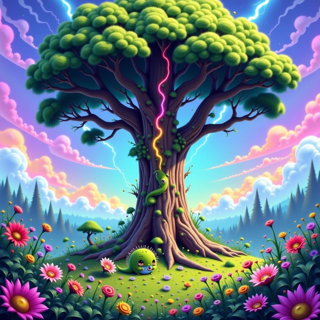 Moss Critter and Lightning Tree, Painterly Style