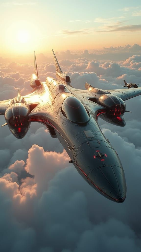 Hyper-Realistic Futuristic Flying Machine Above Clouds