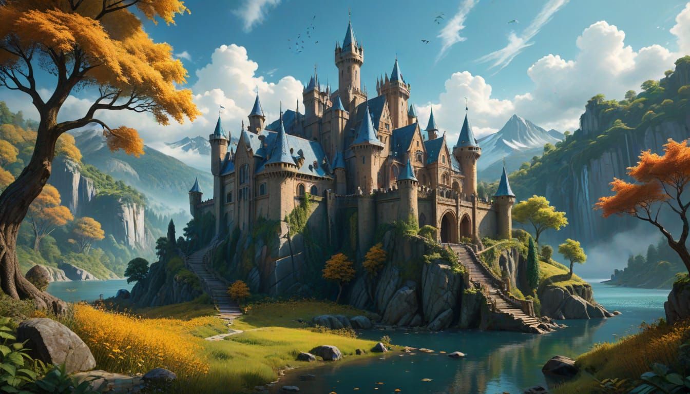 Picasso-Inspired Fantasy Castle Amidst Vibrant Forest