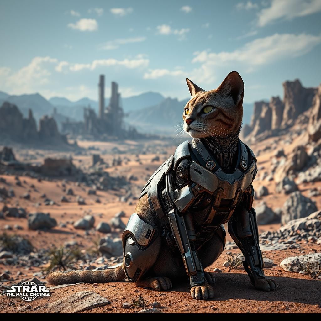 Metallic Robotic Cat in Desert Mining Complex