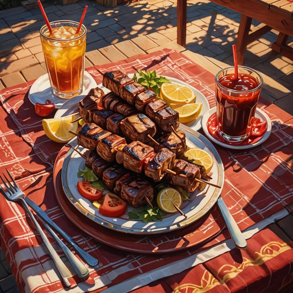 Grilled Kebab Still Life, Vibrant Oil Painting
