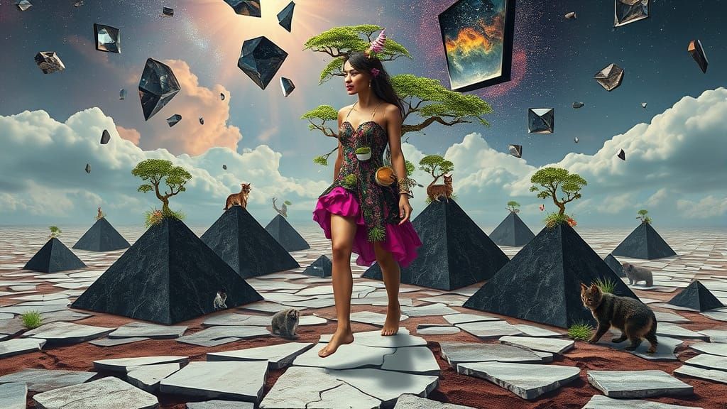 Woman Composed of Vibrant Tool Tribe Walks on Cracked Pyrami...