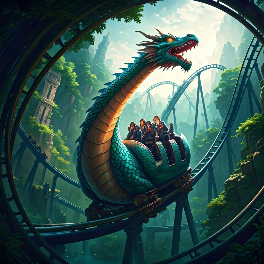 Dragon Roller Coaster in Fantastical Matte Painting Style